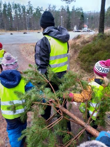 Førskolebarna har hentet ett juletre vi kan pynte med i barnehagen. 